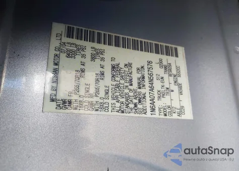 2004 Nissan Titan Se из США, поврежденный, VIN 1N6AA07A64N567576